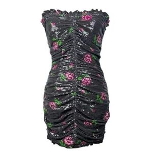 NWT For Love & Lemons Rose Sequin Strapless Ruched Mini Dress L